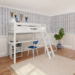 KNOCKOUT8 WS : Study Loft Beds Twin High Loft w/angled ladder, long desk, 22.5" low bookcase, Slat, White