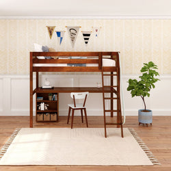 KNOCKOUT8 XL CP : Storage & Study Loft Beds Twin XL High Loft w/angled ladder, long desk, 22.5" low bookcase, Panel, Chestnut