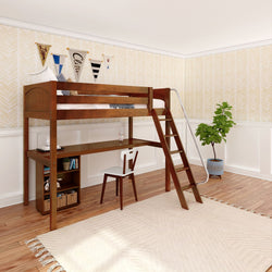 KNOCKOUT8 XL CP : Study Loft Beds Twin XL High Loft w/angled ladder, long desk, 22.5" low bookcase, Panel, Chestnut