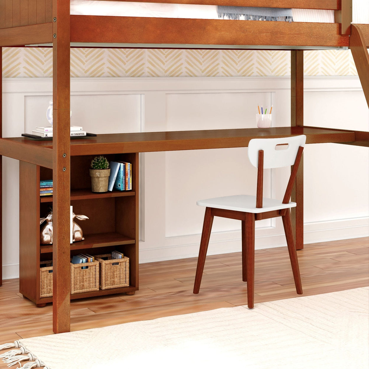 KNOCKOUT8 XL CP : Study Loft Beds Twin XL High Loft w/angled ladder, long desk, 22.5" low bookcase, Panel, Chestnut