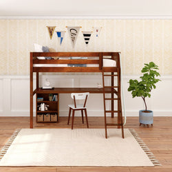 KNOCKOUT8 XL CS : Storage & Study Loft Beds Twin XL High Loft w/angled ladder, long desk, 22.5" low bookcase, Slat, Chestnut