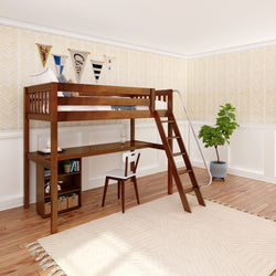 KNOCKOUT8 XL CS : Study Loft Beds Twin XL High Loft w/angled ladder, long desk, 22.5" low bookcase, Slat, Chestnut