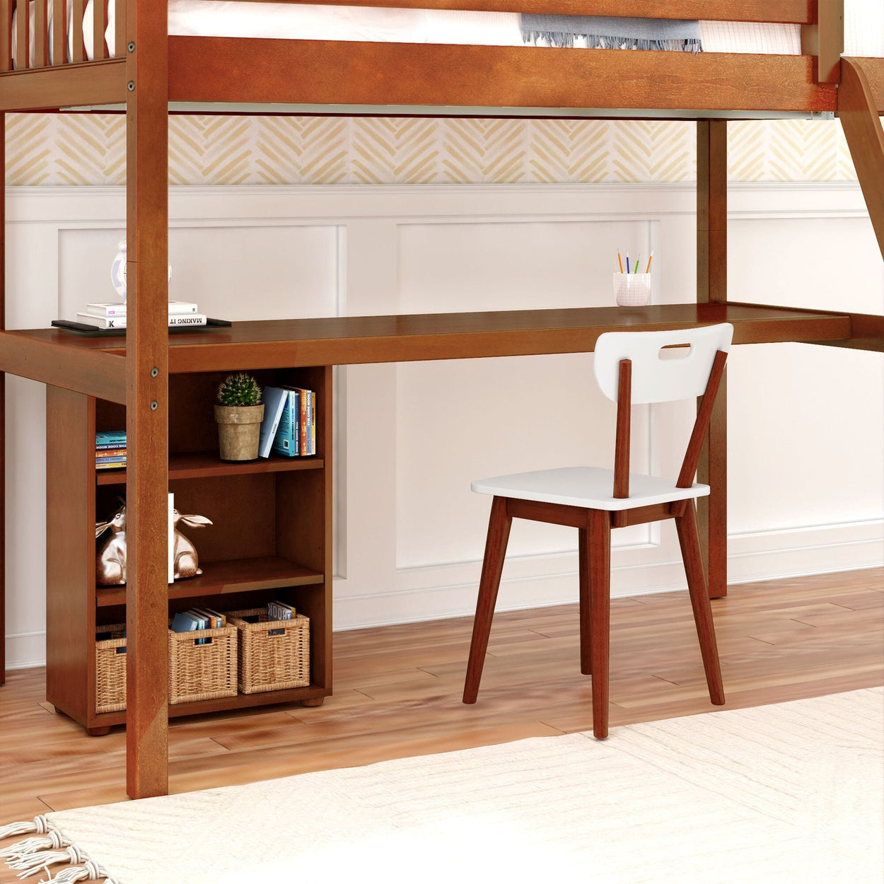 KNOCKOUT8 XL CS : Study Loft Beds Twin XL High Loft w/angled ladder, long desk, 22.5" low bookcase, Slat, Chestnut