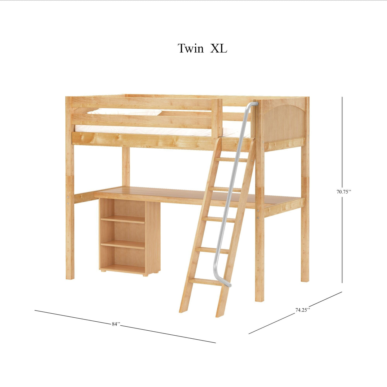 KNOCKOUT8 XL NP : Study Loft Beds Twin XL High Loft w/angled ladder, long desk, 22.5" low bookcase, Panel, Natural