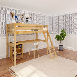 KNOCKOUT8 XL NS : Storage & Study Loft Beds Twin XL High Loft w/angled ladder, long desk, 22.5" low bookcase, Slat, Natural