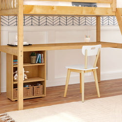 KNOCKOUT8 XL NS : Storage & Study Loft Beds Twin XL High Loft w/angled ladder, long desk, 22.5" low bookcase, Slat, Natural