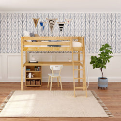 KNOCKOUT8 XL NS : Storage & Study Loft Beds Twin XL High Loft w/angled ladder, long desk, 22.5" low bookcase, Slat, Natural