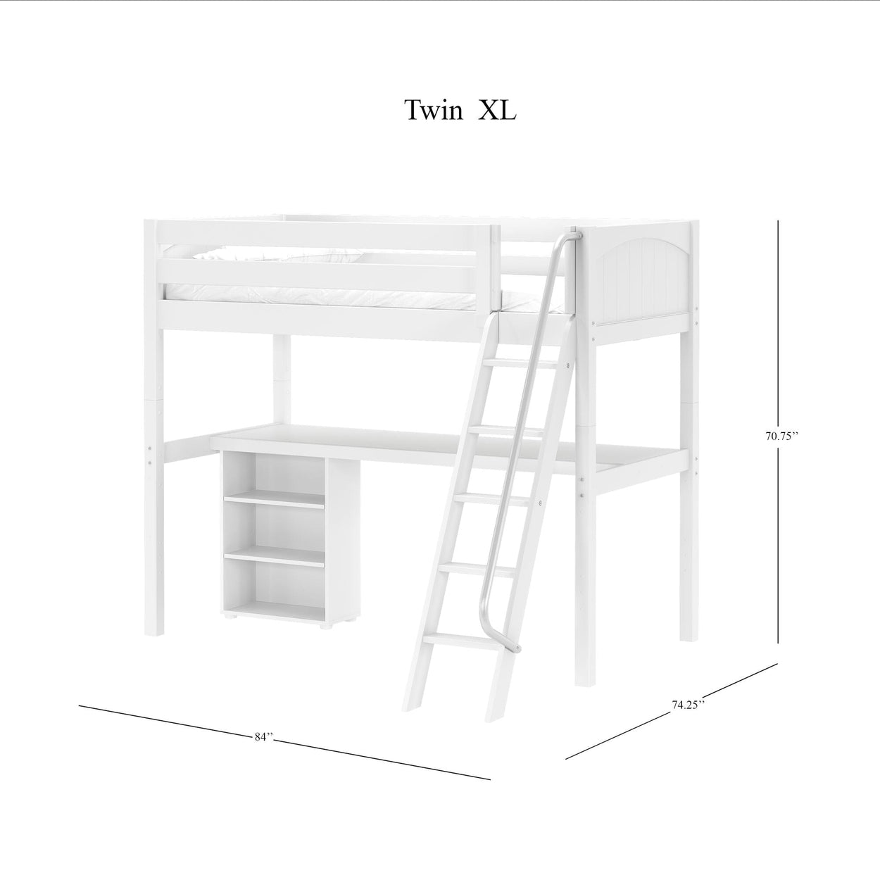 KNOCKOUT8 XL WP : Study Loft Beds Twin XL High Loft w/angled ladder, long desk, 22.5" low bookcase, Panel, White