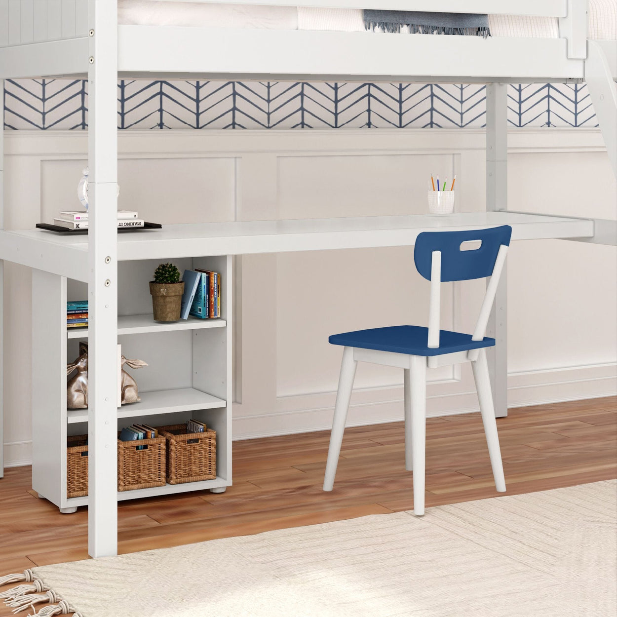 KNOCKOUT8 XL WP : Storage & Study Loft Beds Twin XL High Loft w/angled ladder, long desk, 22.5" low bookcase, Panel, White