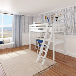 KNOCKOUT8 XL WS : Study Loft Beds Twin XL High Loft w/angled ladder, long desk, 22.5" low bookcase, Slat, White