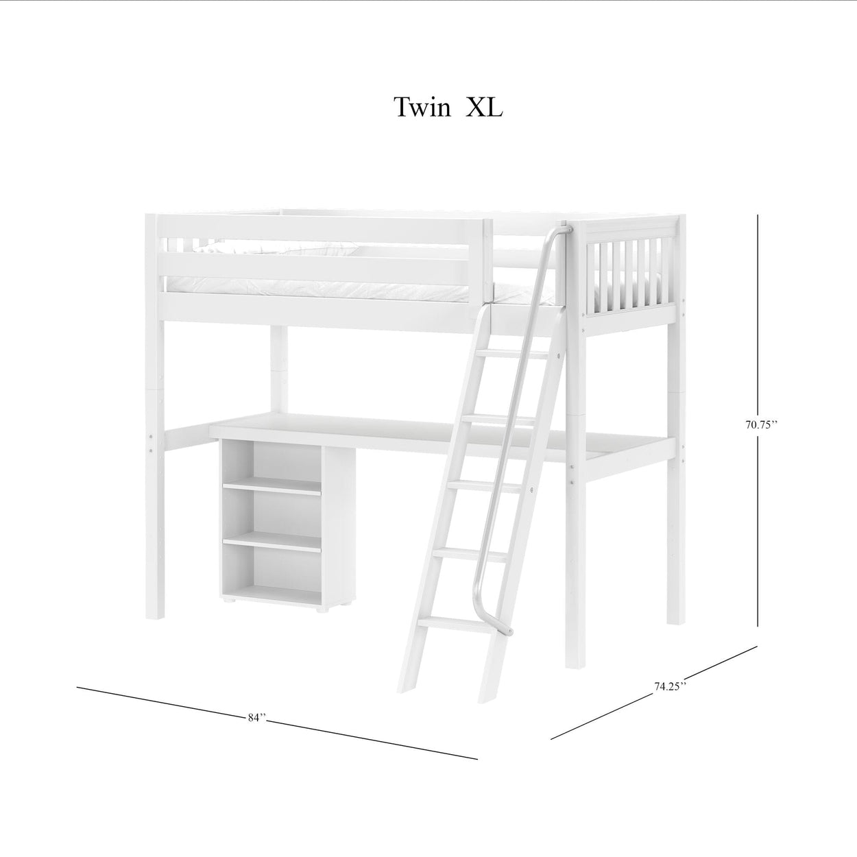 KNOCKOUT8 XL WS : Storage & Study Loft Beds Twin XL High Loft w/angled ladder, long desk, 22.5" low bookcase, Slat, White