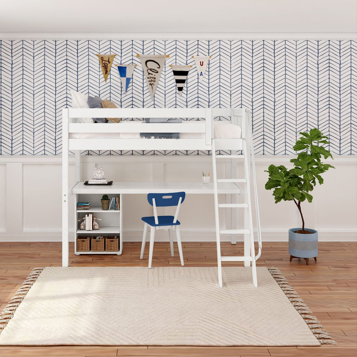 KNOCKOUT8 XL WS : Study Loft Beds Twin XL High Loft w/angled ladder, long desk, 22.5" low bookcase, Slat, White