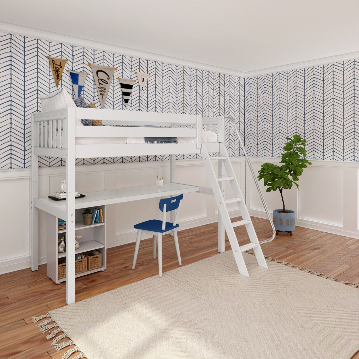 KNOCKOUT8 XL WS : Storage & Study Loft Beds Twin XL High Loft w/angled ladder, long desk, 22.5" low bookcase, Slat, White