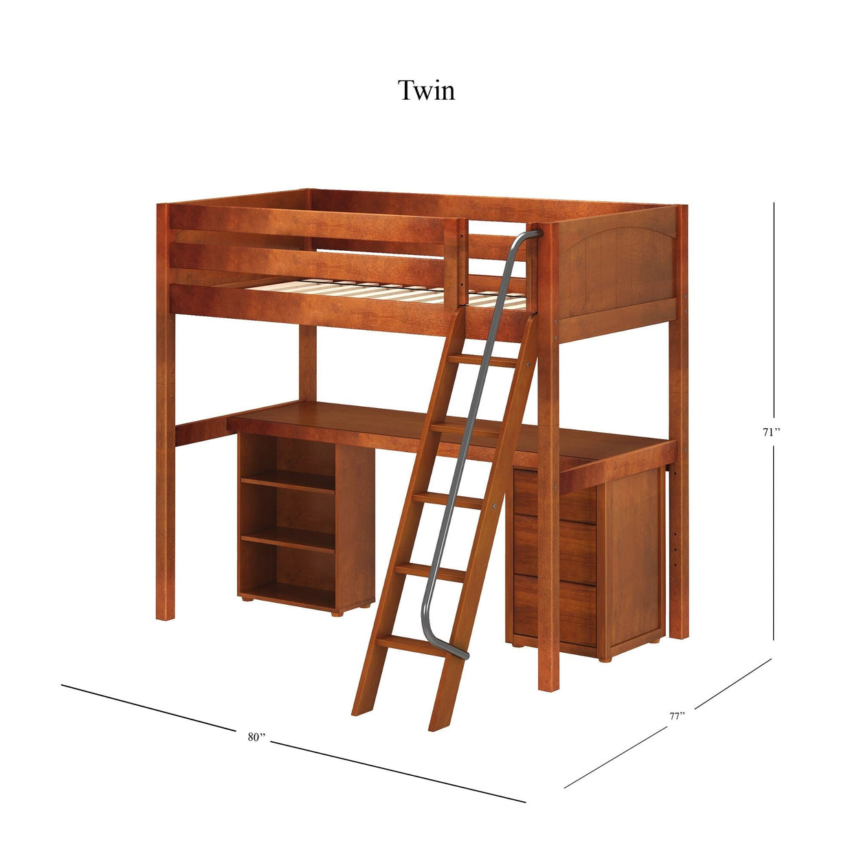 KNOCKOUT9 CP : Study Loft Beds Twin High Loft w/angled ladder, long desk, 22.5" low bookcase, 3 drawer nightstand, Panel, Chestnut