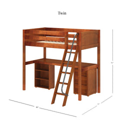 KNOCKOUT9 CP : Study Loft Beds Twin High Loft w/angled ladder, long desk, 22.5" low bookcase, 3 drawer nightstand, Panel, Chestnut