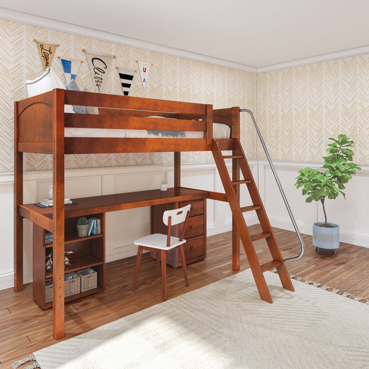 KNOCKOUT9 CP : Storage & Study Loft Beds Twin High Loft w/angled ladder, long desk, 22.5" low bookcase, 3 drawer nightstand, Panel, Chestnut