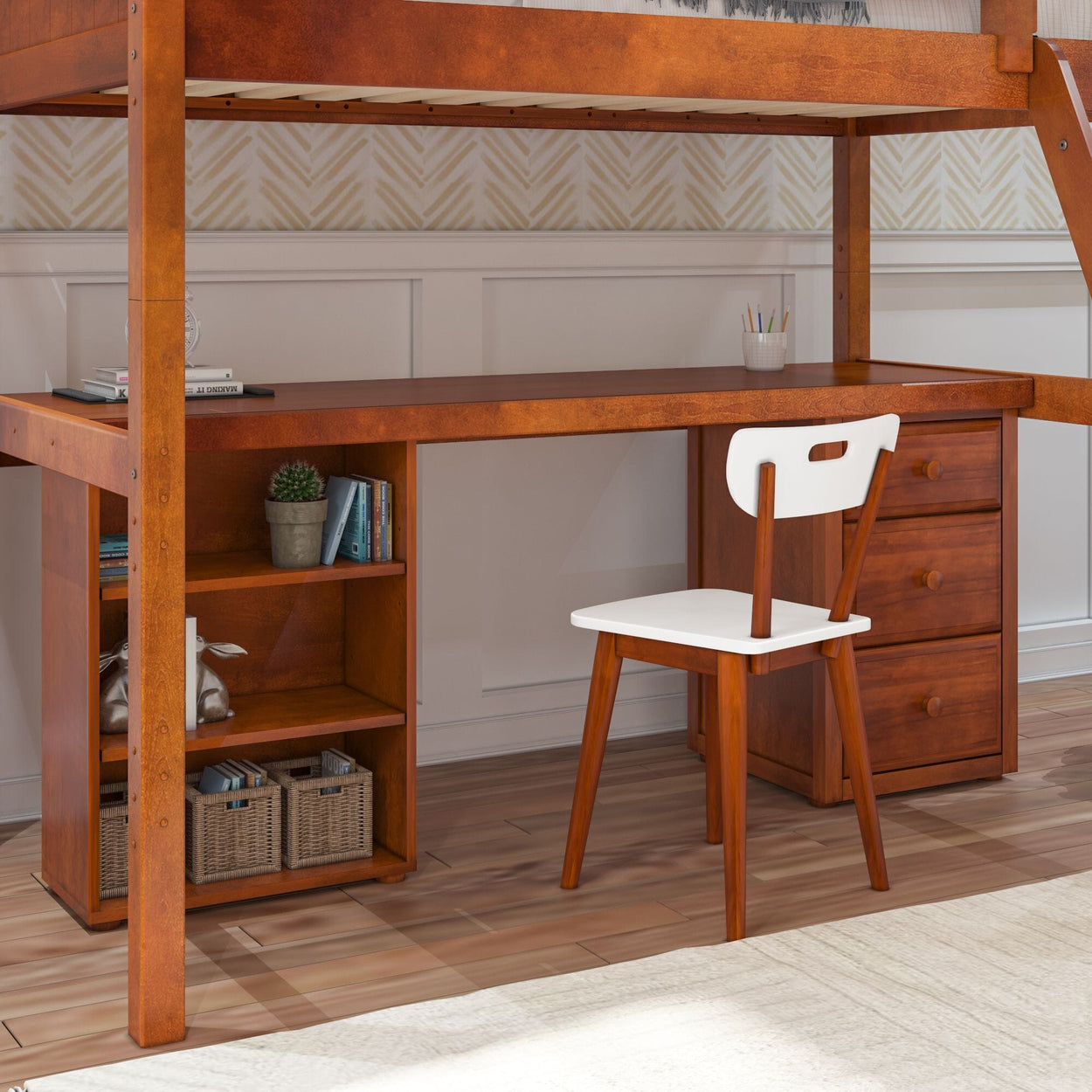 KNOCKOUT9 CP : Study Loft Beds Twin High Loft w/angled ladder, long desk, 22.5" low bookcase, 3 drawer nightstand, Panel, Chestnut