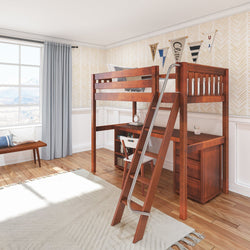 KNOCKOUT9 CS : Study Loft Beds Twin High Loft w/angled ladder, long desk, 22.5" low bookcase, 3 drawer nightstand, Slat, Chestnut