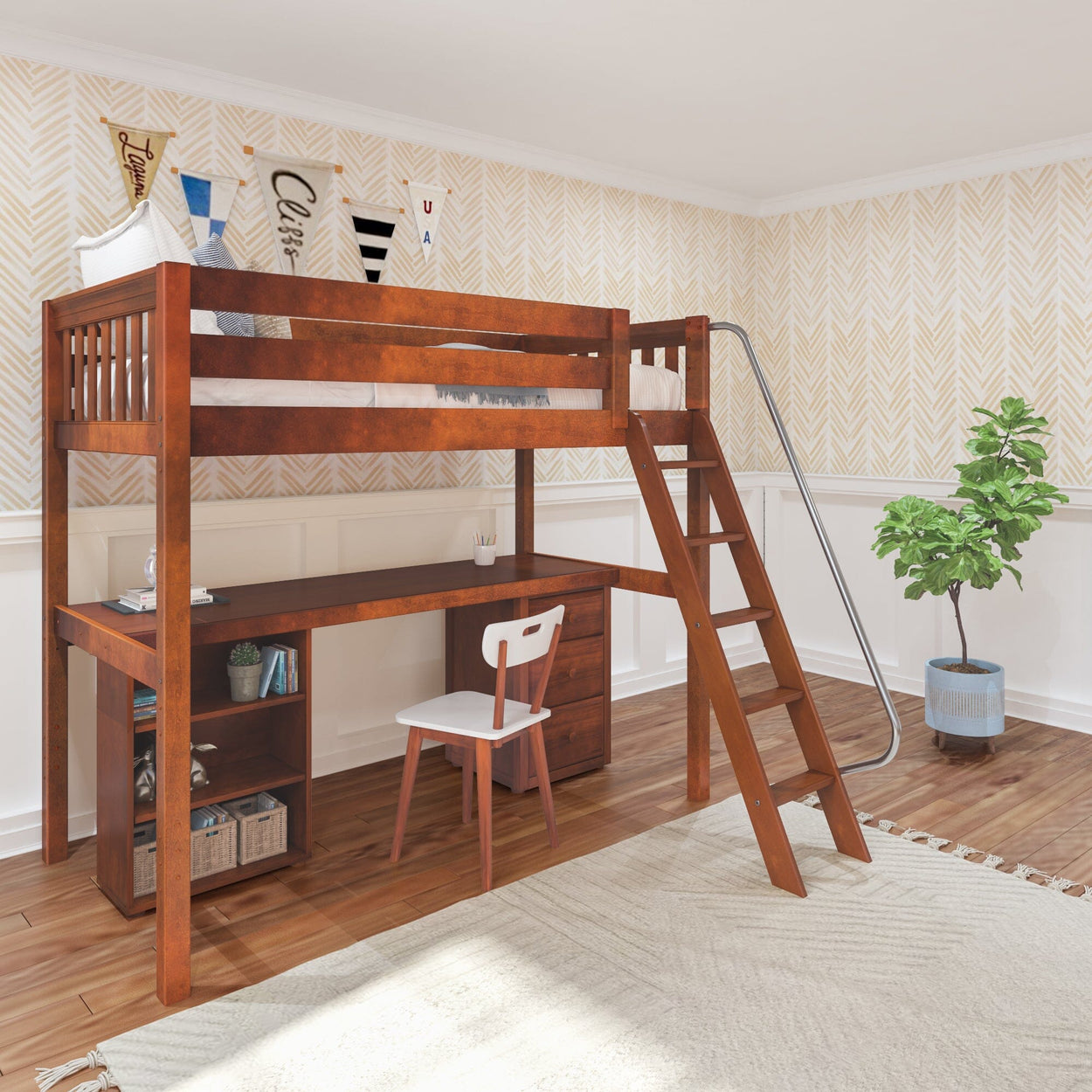 KNOCKOUT9 CS : Study Loft Beds Twin High Loft w/angled ladder, long desk, 22.5" low bookcase, 3 drawer nightstand, Slat, Chestnut