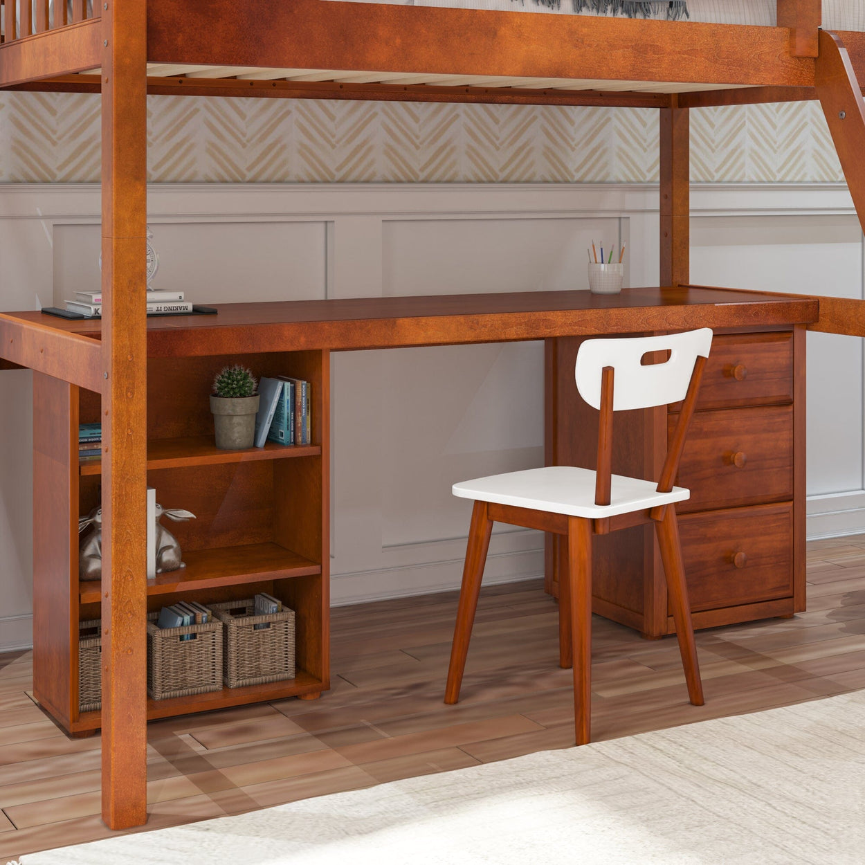 KNOCKOUT9 CS : Storage & Study Loft Beds Twin High Loft w/angled ladder, long desk, 22.5" low bookcase, 3 drawer nightstand, Slat, Chestnut