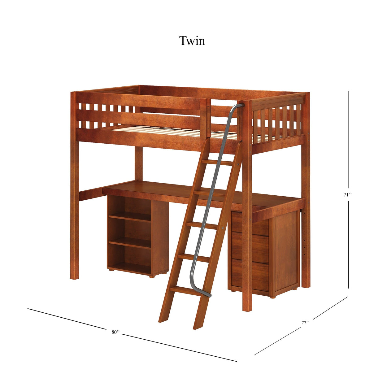 KNOCKOUT9 CS : Storage & Study Loft Beds Twin High Loft w/angled ladder, long desk, 22.5" low bookcase, 3 drawer nightstand, Slat, Chestnut