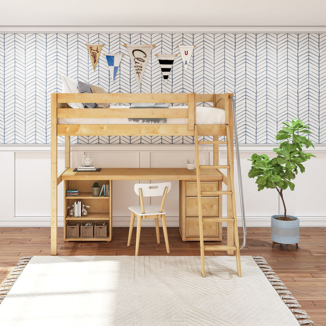 KNOCKOUT9 NP : Storage & Study Loft Beds Twin High Loft w/angled ladder, long desk, 22.5" low bookcase, 3 drawer nightstand, Panel, Natural