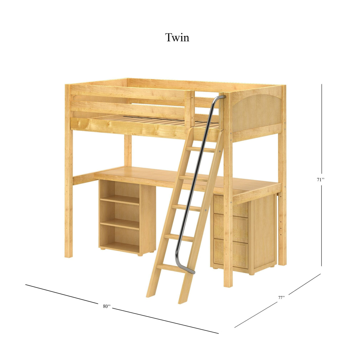 KNOCKOUT9 NP : Study Loft Beds Twin High Loft w/angled ladder, long desk, 22.5" low bookcase, 3 drawer nightstand, Panel, Natural