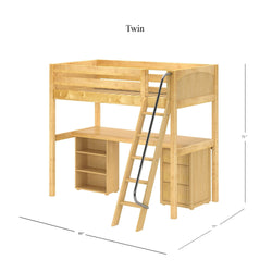 KNOCKOUT9 NP : Storage & Study Loft Beds Twin High Loft w/angled ladder, long desk, 22.5" low bookcase, 3 drawer nightstand, Panel, Natural