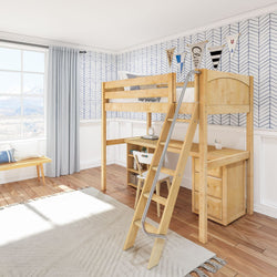 KNOCKOUT9 NP : Study Loft Beds Twin High Loft w/angled ladder, long desk, 22.5" low bookcase, 3 drawer nightstand, Panel, Natural