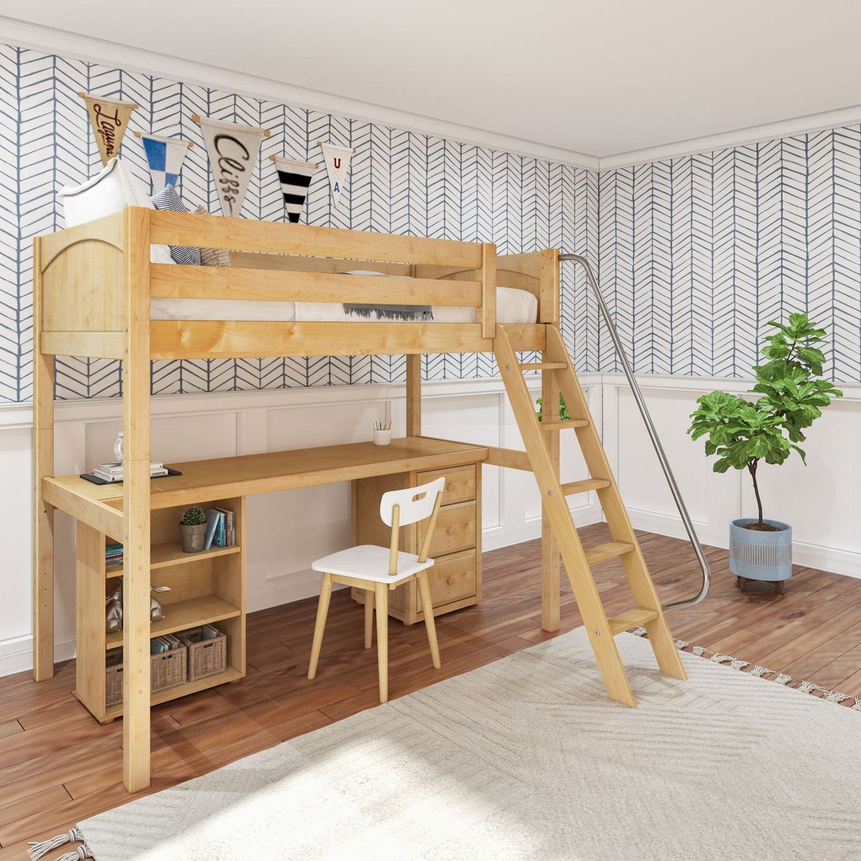 KNOCKOUT9 NP : Storage & Study Loft Beds Twin High Loft w/angled ladder, long desk, 22.5" low bookcase, 3 drawer nightstand, Panel, Natural