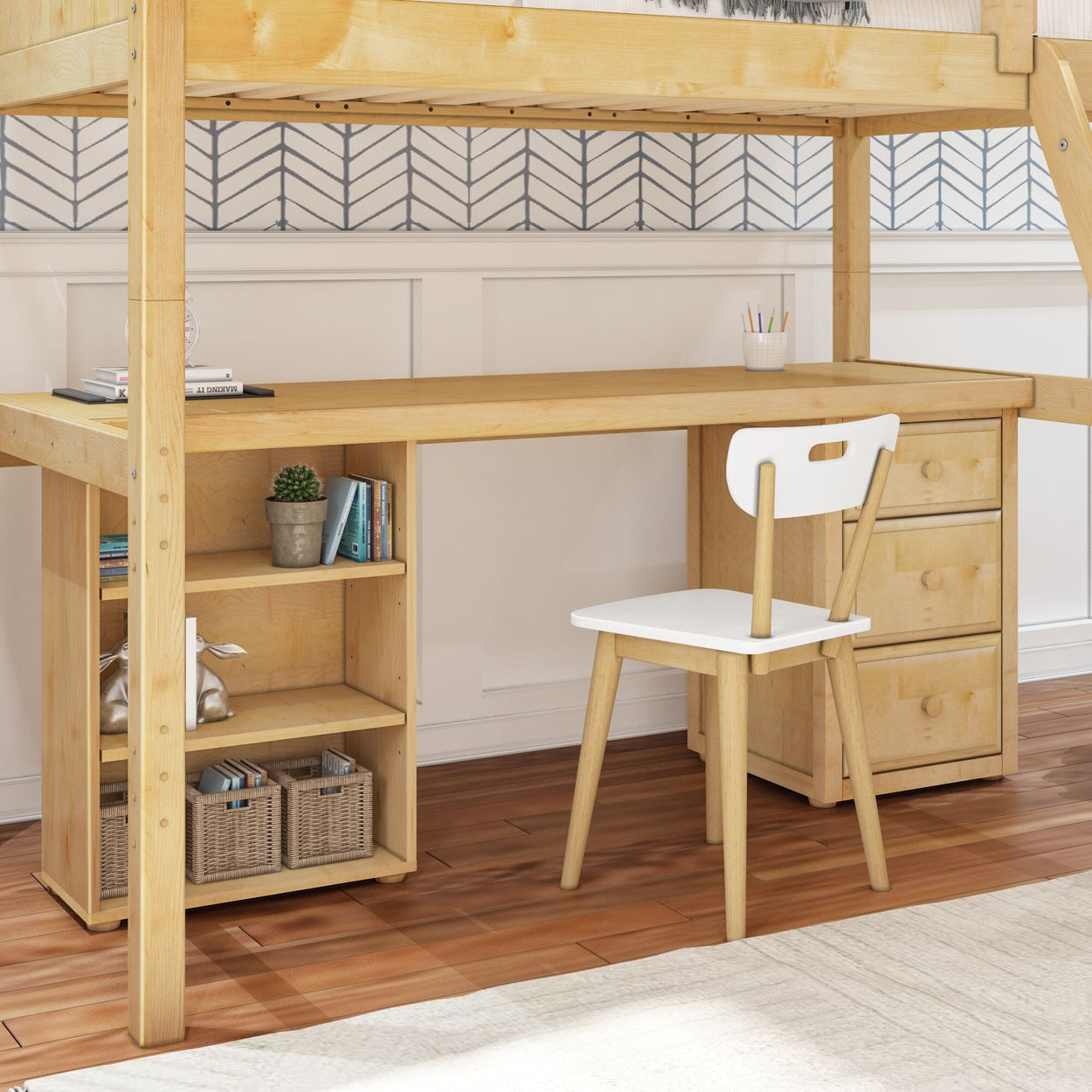 KNOCKOUT9 NP : Study Loft Beds Twin High Loft w/angled ladder, long desk, 22.5" low bookcase, 3 drawer nightstand, Panel, Natural