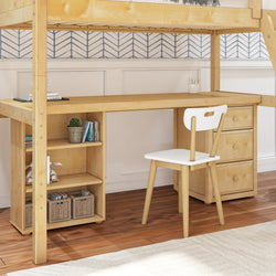 KNOCKOUT9 NP : Study Loft Beds Twin High Loft w/angled ladder, long desk, 22.5" low bookcase, 3 drawer nightstand, Panel, Natural