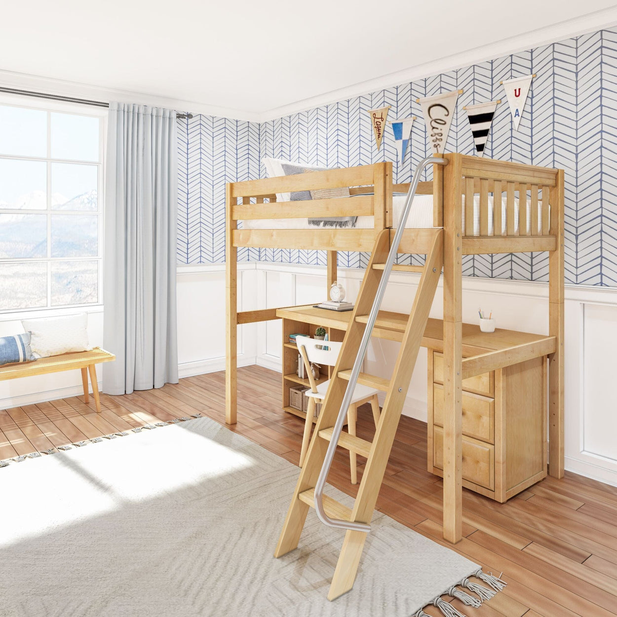 KNOCKOUT9 NS : Study Loft Beds Twin High Loft w/angled ladder, long desk, 22.5" low bookcase, 3 drawer nightstand, Slat, Natural