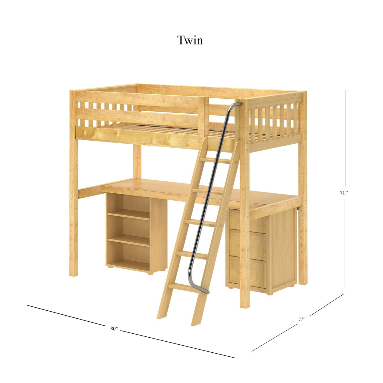 KNOCKOUT9 NS : Study Loft Beds Twin High Loft w/angled ladder, long desk, 22.5" low bookcase, 3 drawer nightstand, Slat, Natural