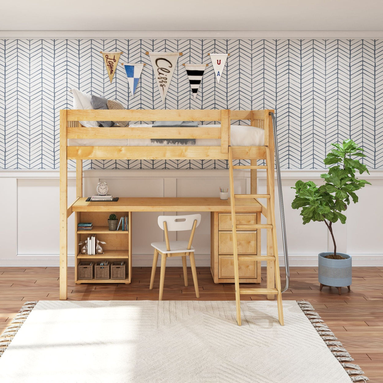 KNOCKOUT9 NS : Storage & Study Loft Beds Twin High Loft w/angled ladder, long desk, 22.5" low bookcase, 3 drawer nightstand, Slat, Natural