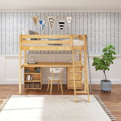 KNOCKOUT9 NS : Study Loft Beds Twin High Loft w/angled ladder, long desk, 22.5" low bookcase, 3 drawer nightstand, Slat, Natural