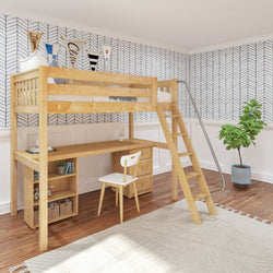 KNOCKOUT9 NS : Study Loft Beds Twin High Loft w/angled ladder, long desk, 22.5" low bookcase, 3 drawer nightstand, Slat, Natural