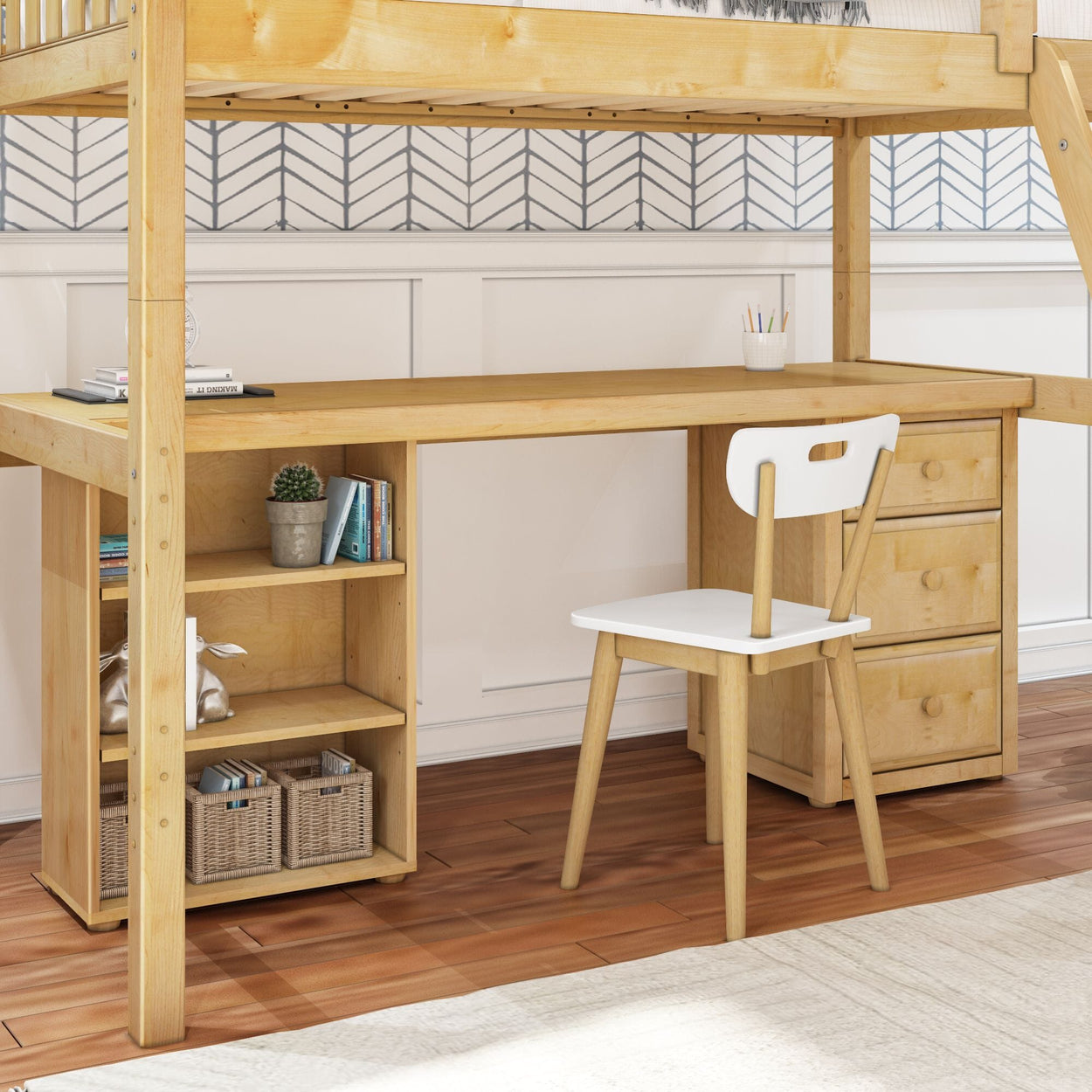 KNOCKOUT9 NS : Study Loft Beds Twin High Loft w/angled ladder, long desk, 22.5" low bookcase, 3 drawer nightstand, Slat, Natural