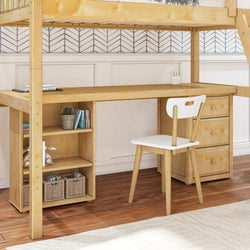 KNOCKOUT9 NS : Storage & Study Loft Beds Twin High Loft w/angled ladder, long desk, 22.5" low bookcase, 3 drawer nightstand, Slat, Natural