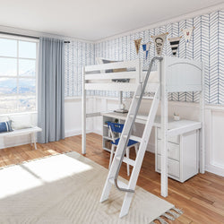 KNOCKOUT9 WP : Storage & Study Loft Beds Twin High Loft w/angled ladder, long desk, 22.5" low bookcase, 3 drawer nightstand, Panel, White