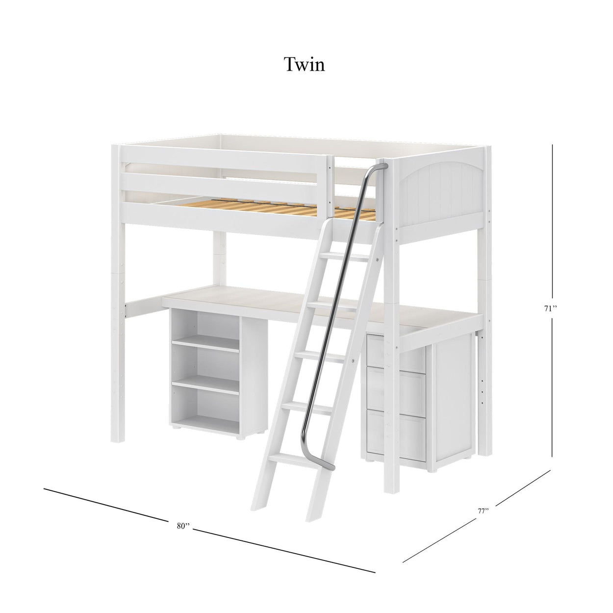 KNOCKOUT9 WP : Storage & Study Loft Beds Twin High Loft w/angled ladder, long desk, 22.5" low bookcase, 3 drawer nightstand, Panel, White