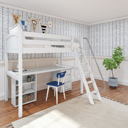 KNOCKOUT9 WP : Study Loft Beds Twin High Loft w/angled ladder, long desk, 22.5" low bookcase, 3 drawer nightstand, Panel, White