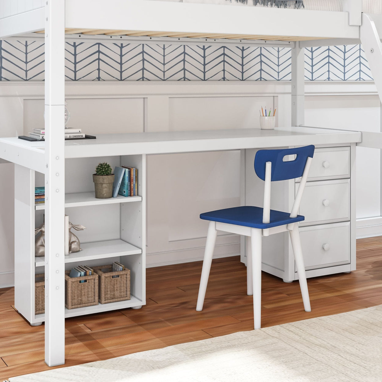 KNOCKOUT9 WP : Study Loft Beds Twin High Loft w/angled ladder, long desk, 22.5" low bookcase, 3 drawer nightstand, Panel, White