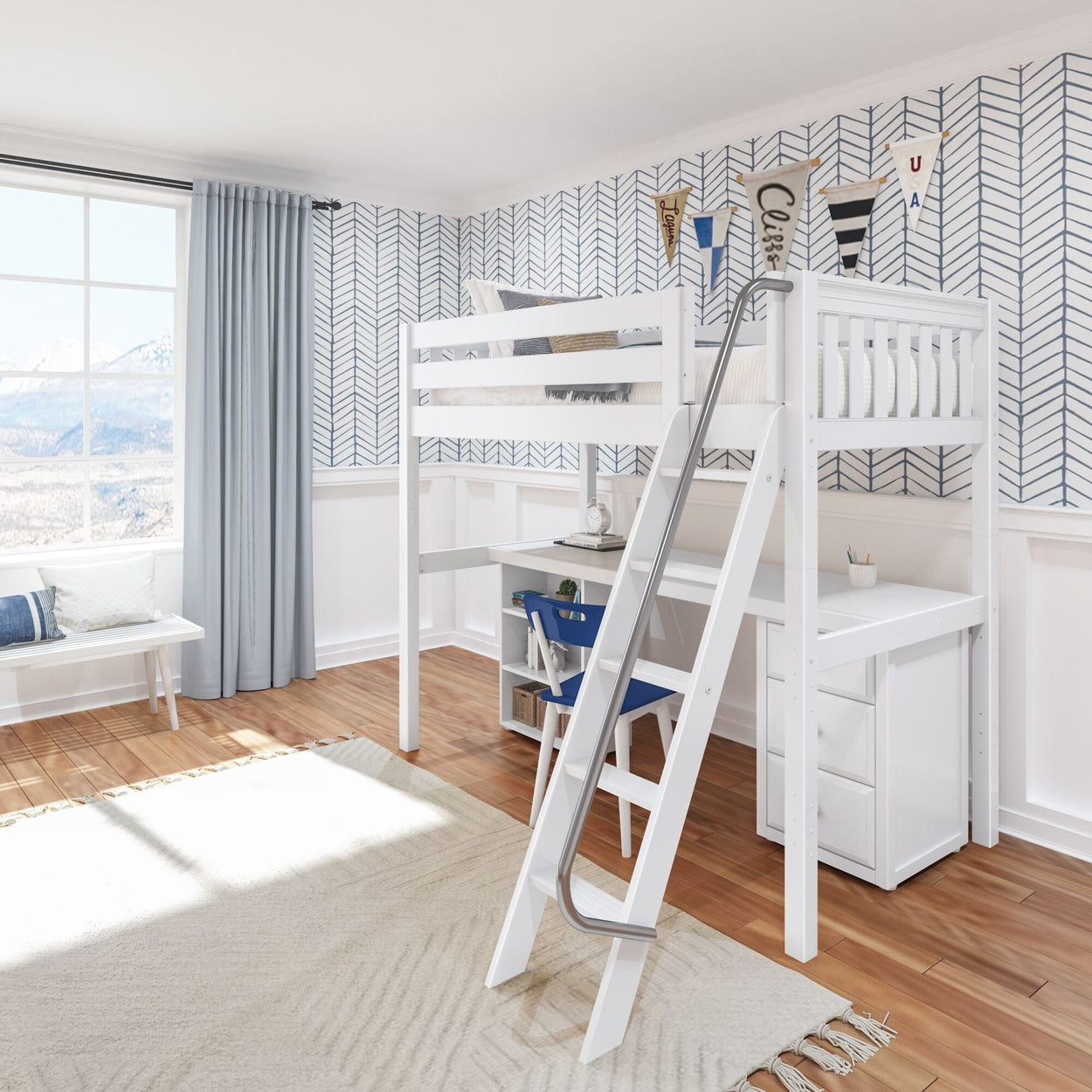 KNOCKOUT9 WS : Storage & Study Loft Beds Twin High Loft w/angled ladder, long desk, 22.5" low bookcase, 3 drawer nightstand, Slat, White