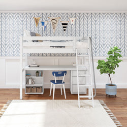 KNOCKOUT9 WS : Study Loft Beds Twin High Loft w/angled ladder, long desk, 22.5" low bookcase, 3 drawer nightstand, Slat, White