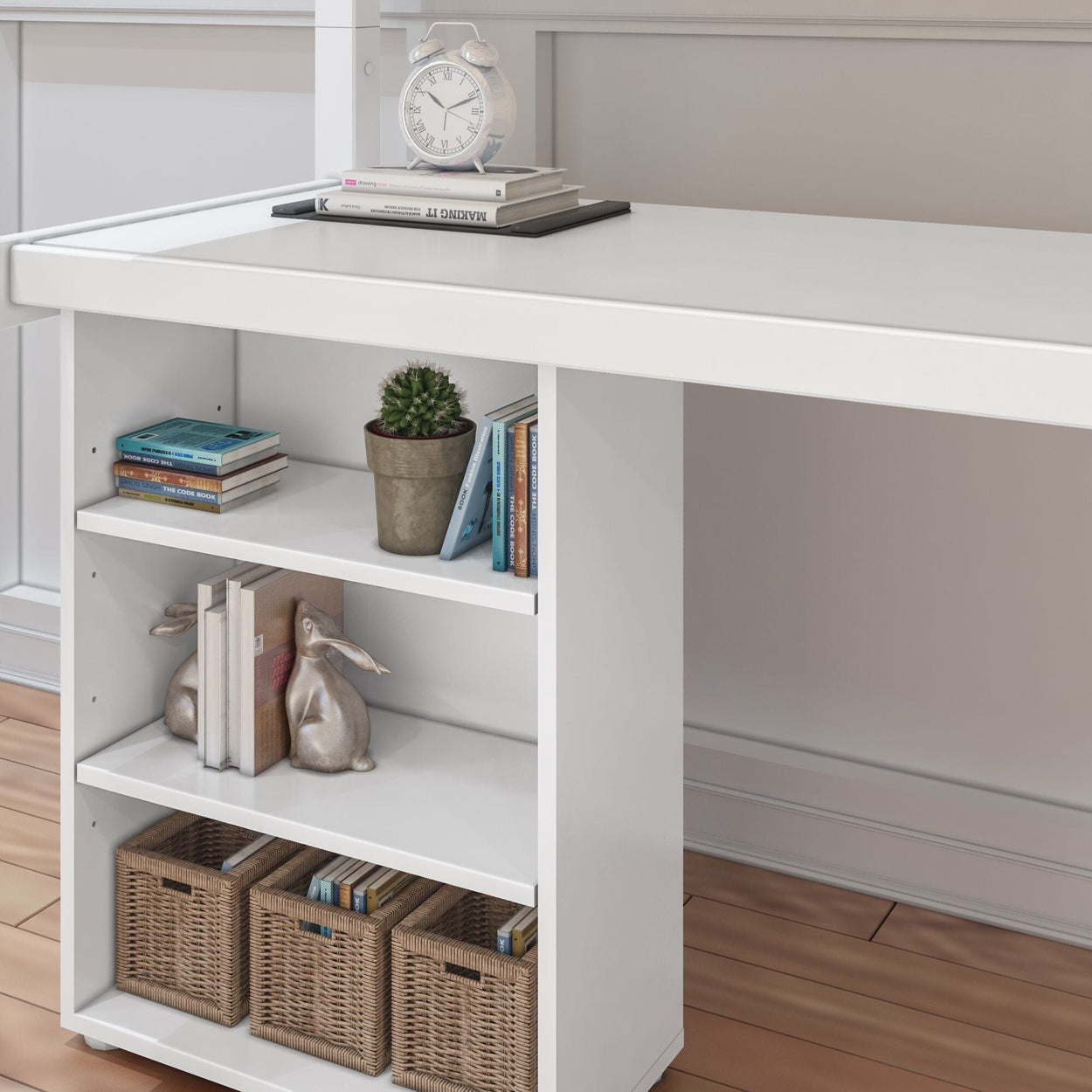 KNOCKOUT9 WS : Study Loft Beds Twin High Loft w/angled ladder, long desk, 22.5" low bookcase, 3 drawer nightstand, Slat, White