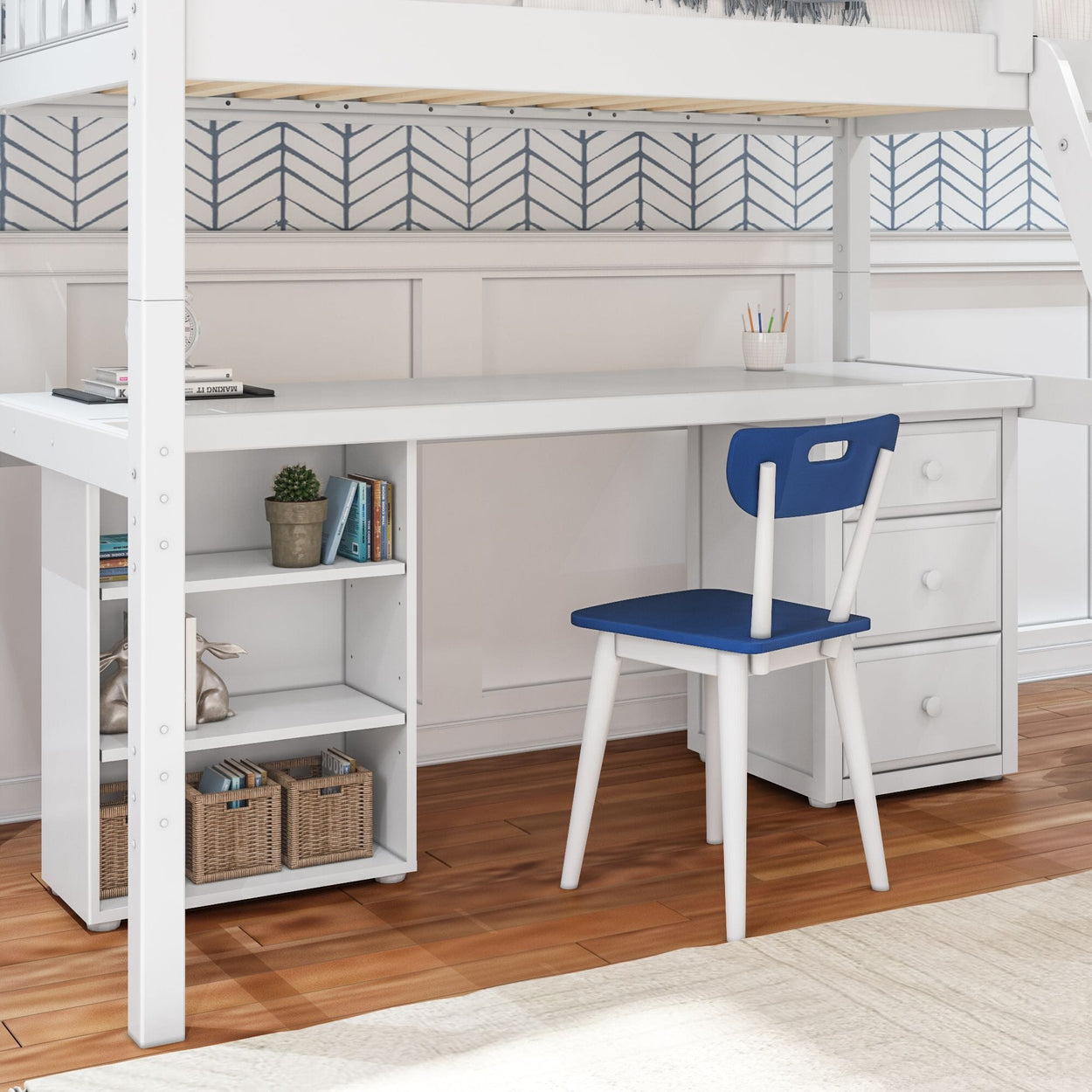 KNOCKOUT9 WS : Storage & Study Loft Beds Twin High Loft w/angled ladder, long desk, 22.5" low bookcase, 3 drawer nightstand, Slat, White