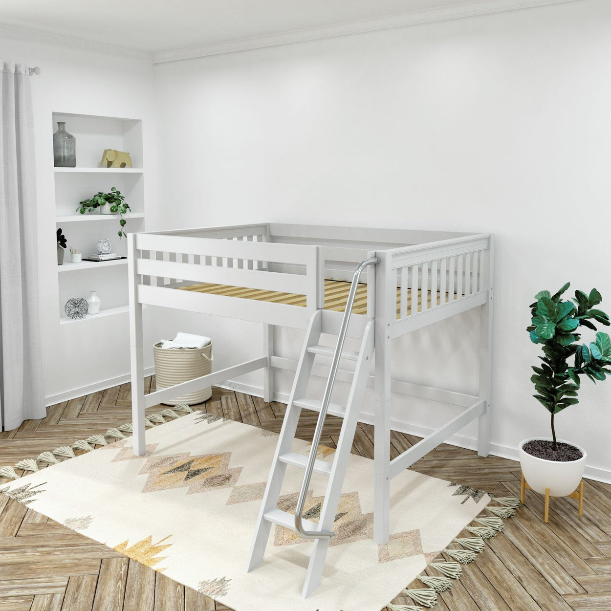 KONG WS : Standard Loft Beds Full Mid Loft Bed with Angled Ladder on Front, Slat, White