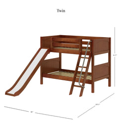 LAUGH CP : Bunk Bed Twin Low Bunk Bed with Slide and Angled Ladder on Front, Panel, Chestnut