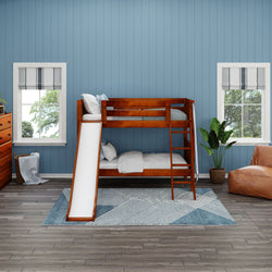 LAUGH CP : Bunk Bed Twin Low Bunk Bed with Slide and Angled Ladder on Front, Panel, Chestnut